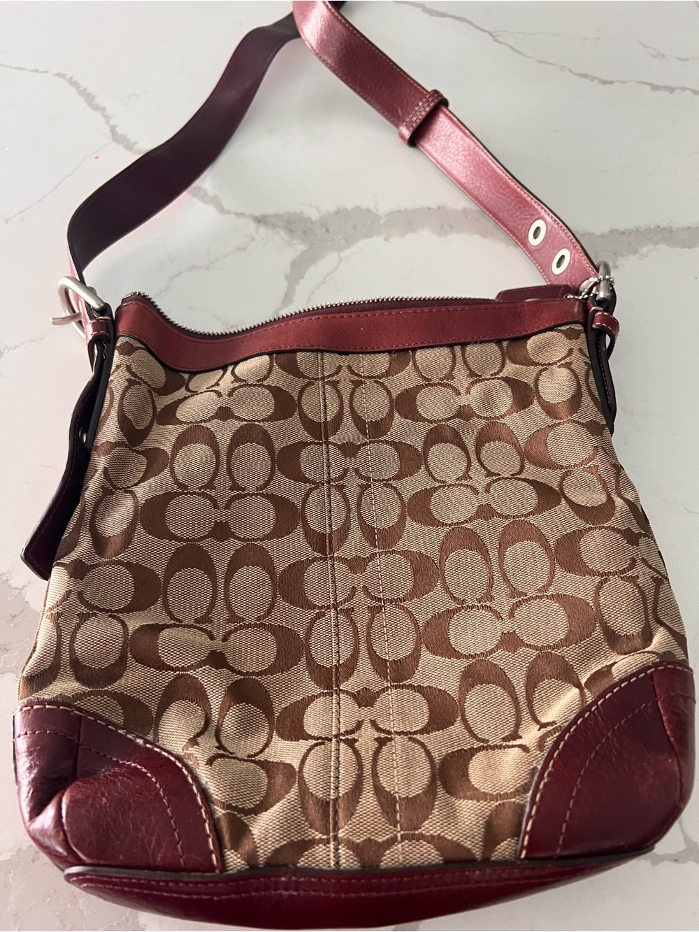 Coach Brown Signature Canvas Shoulder Bag with Burgundy Leather Trim
